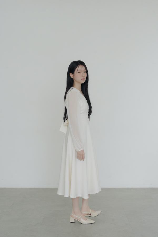 V領雪紡透膚長洋裝(白) 