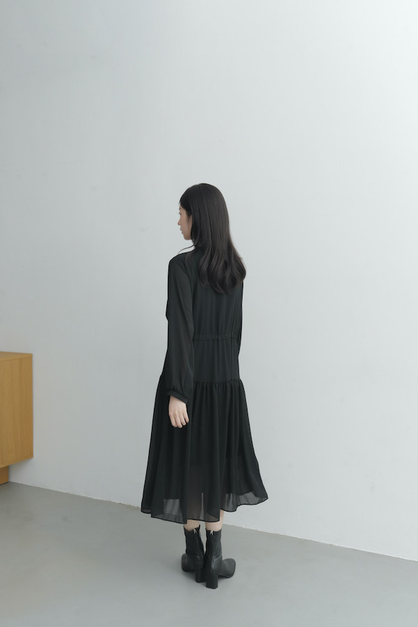 腰部抽繩雪紡長洋裝(黑) 