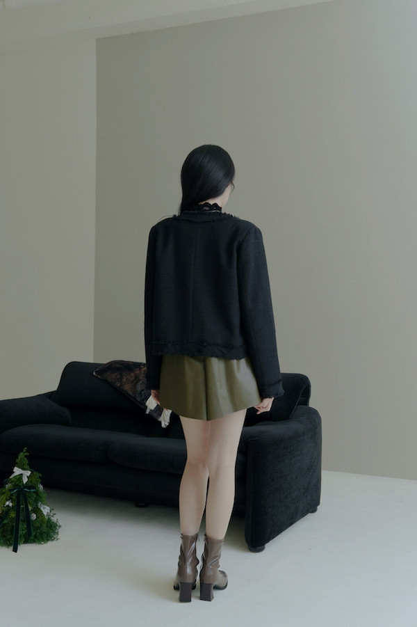 無領毛毛鬚邊外套(黑) 