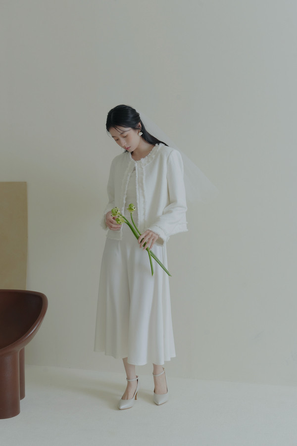 無領毛毛鬚邊外套(白) 