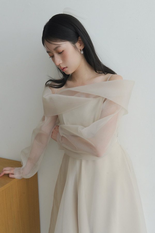 翻領卡肩透紗長洋裝(米) 