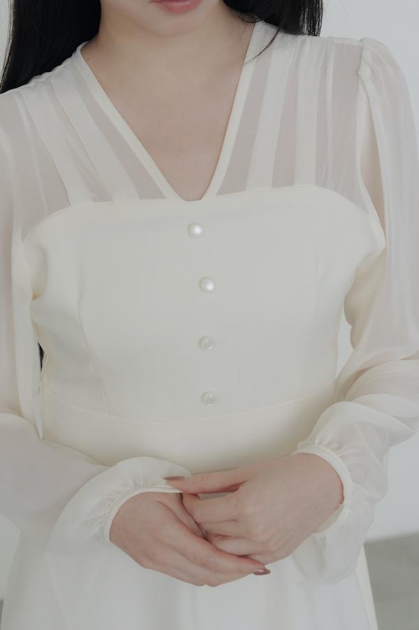 V領雪紡透膚長洋裝(白) 