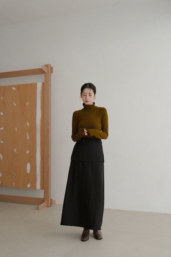 附繫帶假兩件式長裙(黑) 