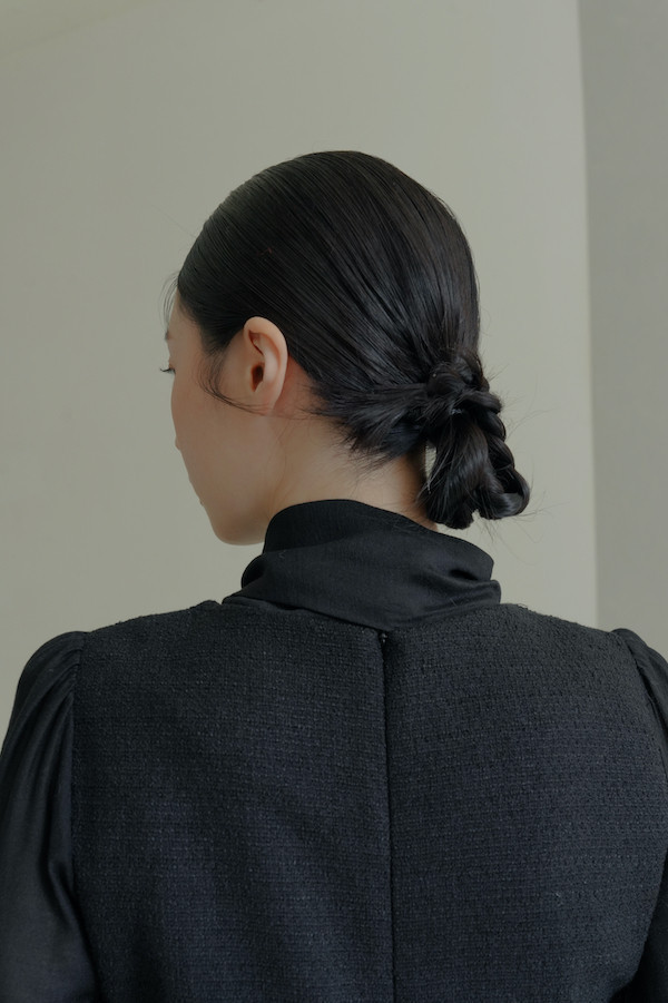 領巾綁帶小香風長洋裝(黑) 