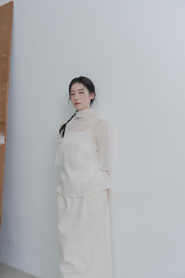 透肌彎弧袖韓系上衣(白) 