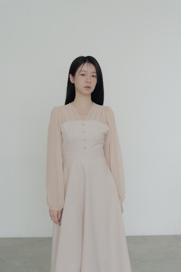 V領雪紡透膚長洋裝(裸膚) 