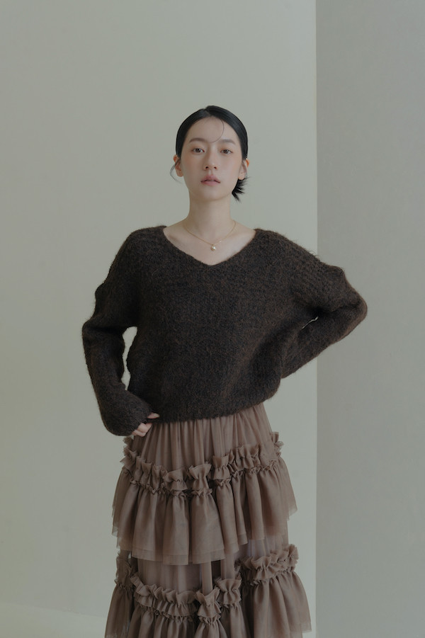 簡約Ｖ領針織落肩上衣(深咖) 