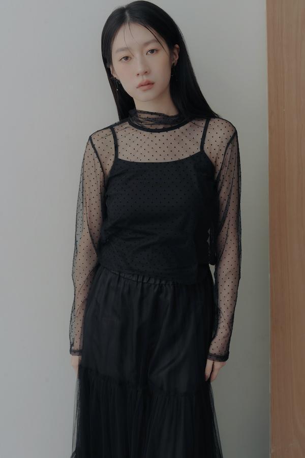 波點透膚感綁帶上衣(黑) 