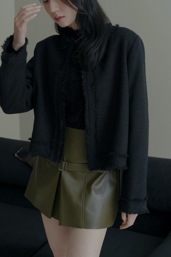 無領毛毛鬚邊外套(黑) 