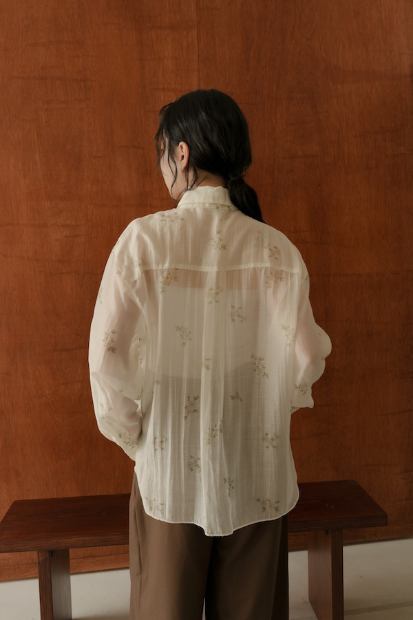 田園花樣天絲透肌上衣(白) 