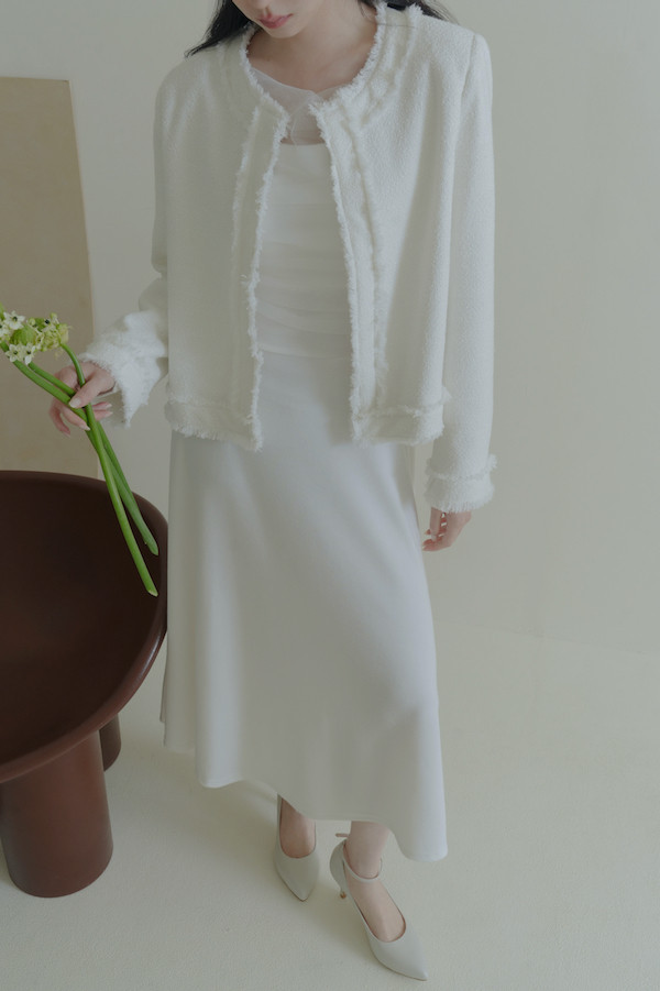 無領毛毛鬚邊外套(白) 