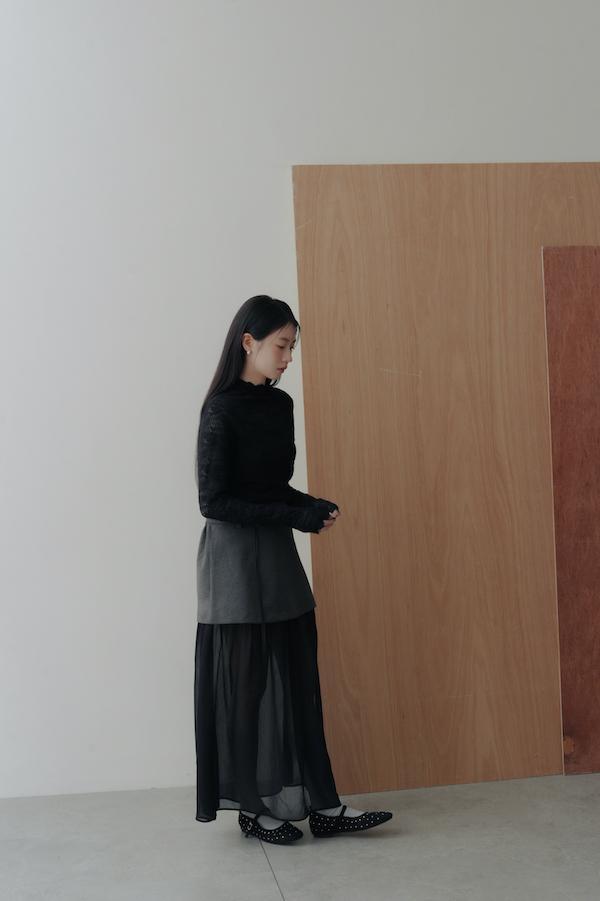 拼接透紗設計感長裙(灰黑) 