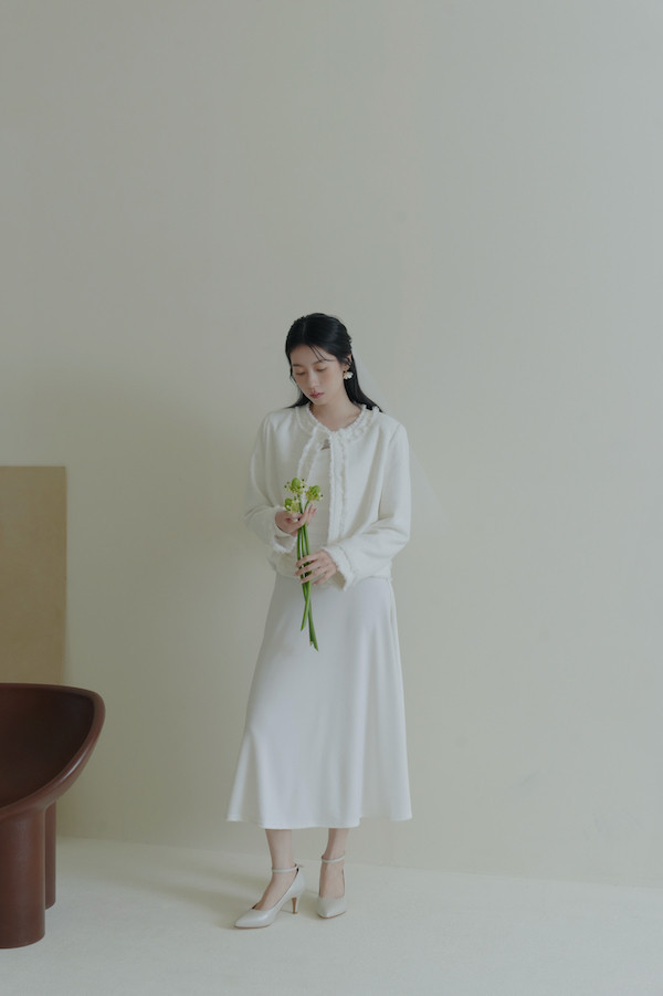 無領毛毛鬚邊外套(白) 