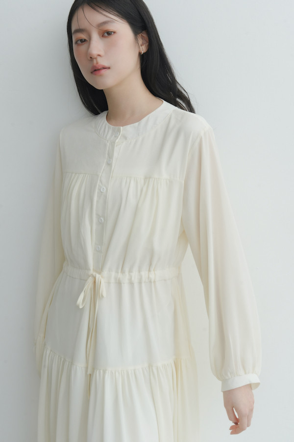 腰部抽繩雪紡長洋裝(米白) 