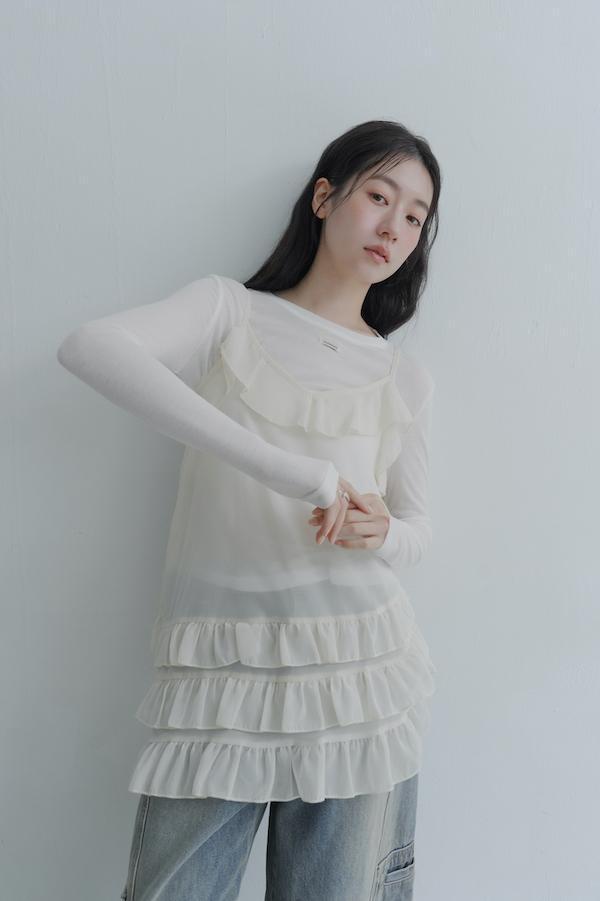 下襬荷葉兩件式上衣(白) 