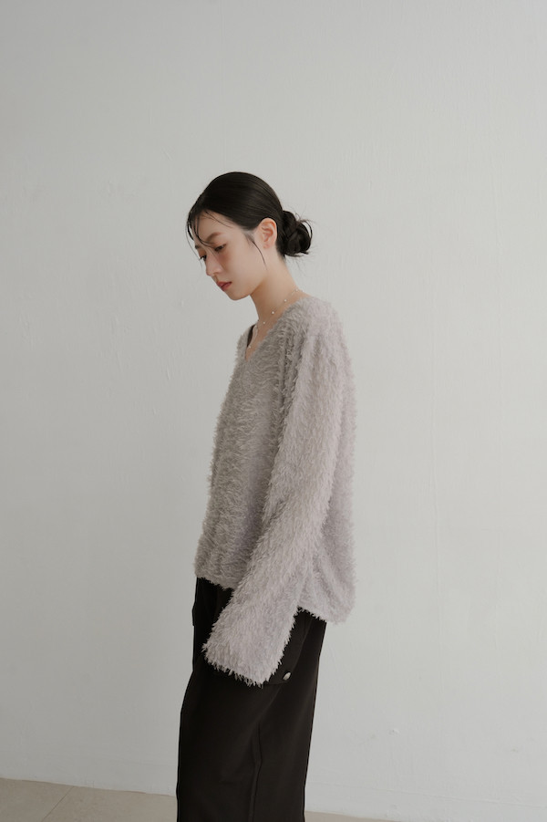 Ｖ領亮亮毛毛上衣(灰) 