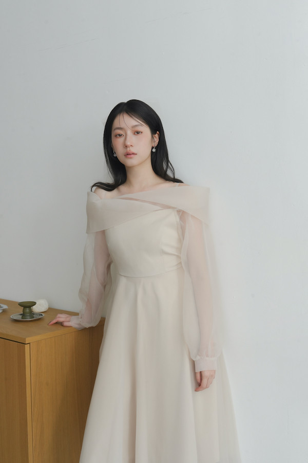 翻領卡肩透紗長洋裝(米) 