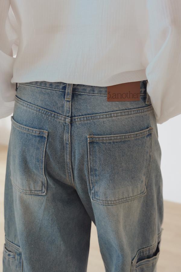 仿舊水洗落地牛仔寬褲(藍) 