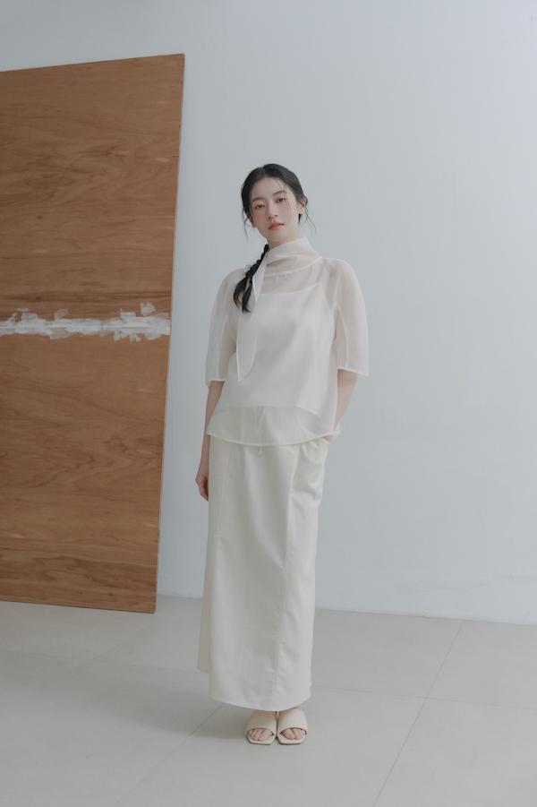 口袋設計A字牛仔裙(米白) 