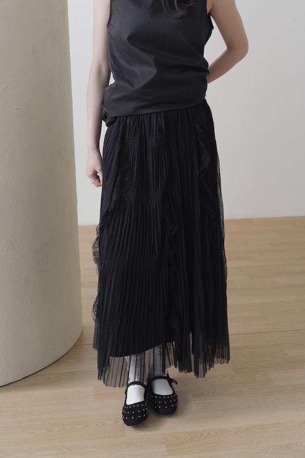 快閃-細百褶紋理蕾絲長裙(黑) 