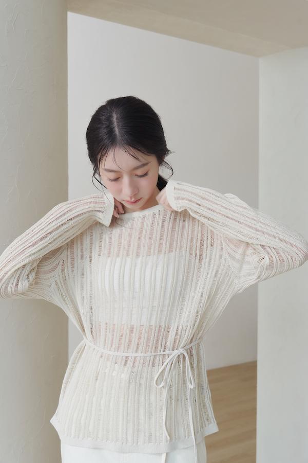 快閃-直條紋洞洞針織上衣(杏) 