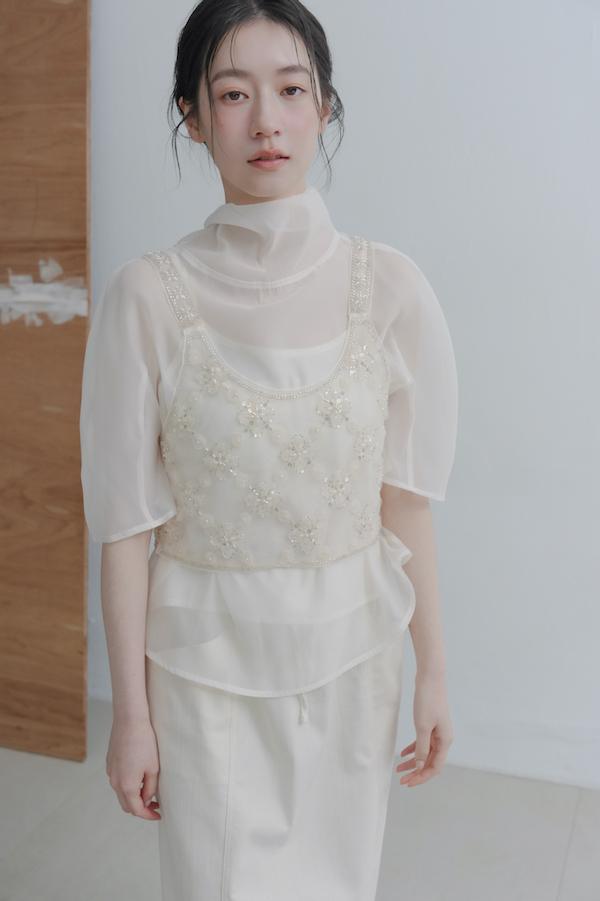 菱形花亮片珠繡背心(米白) 