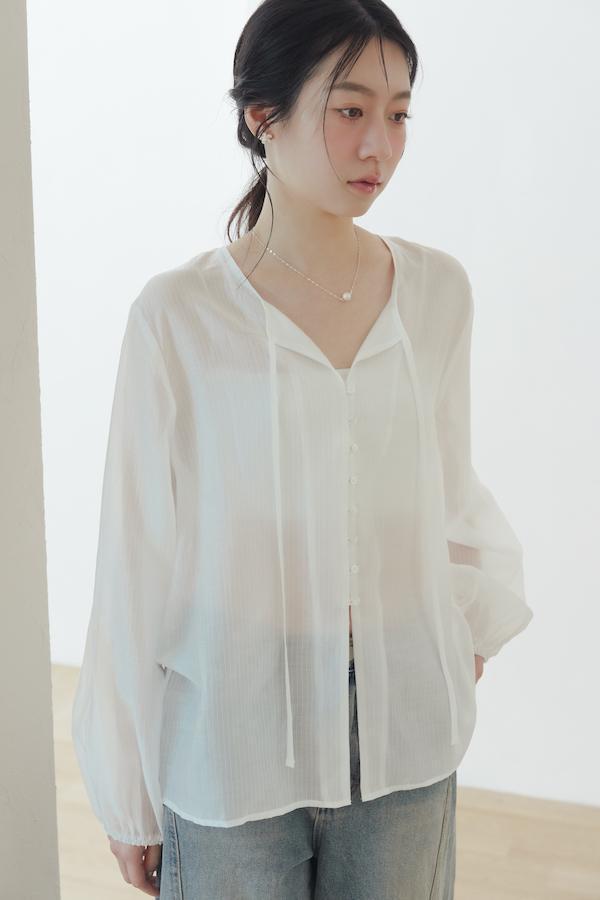 微透肌直紋天絲上衣(白) 
