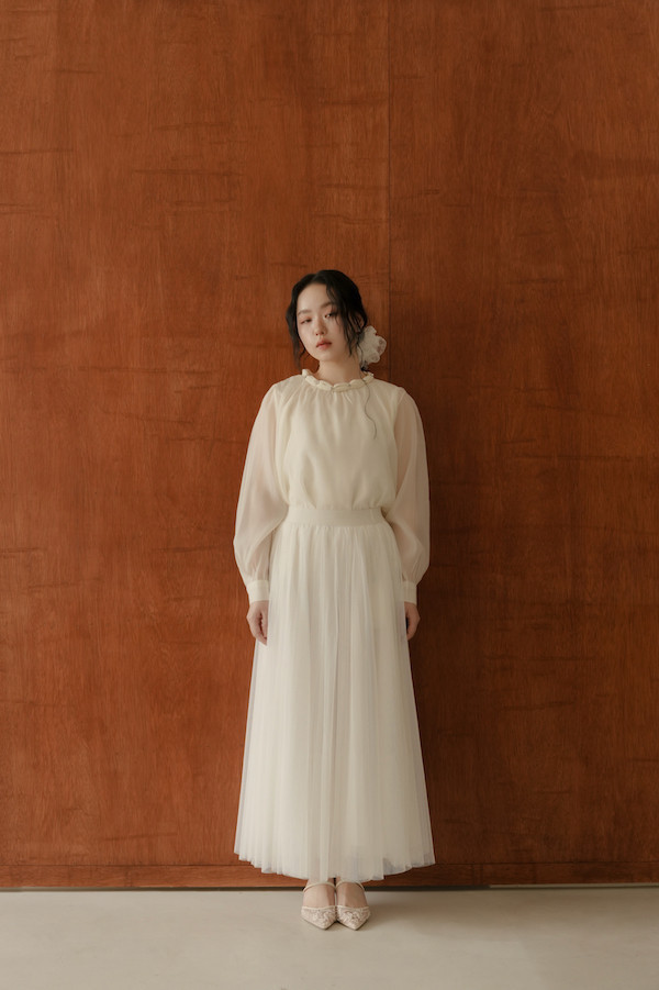 韓國三層網紗長裙(白) 