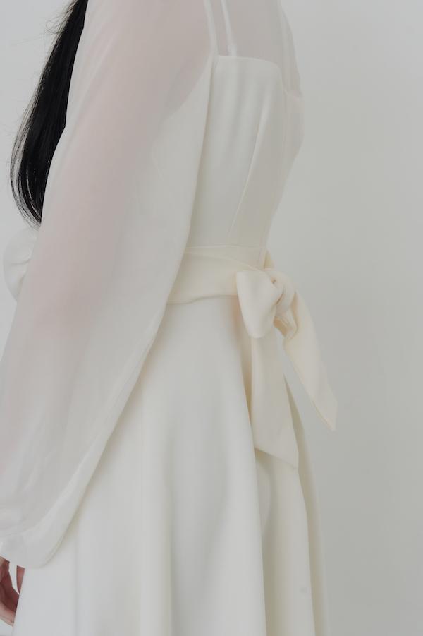 V領雪紡透膚長洋裝(白) 