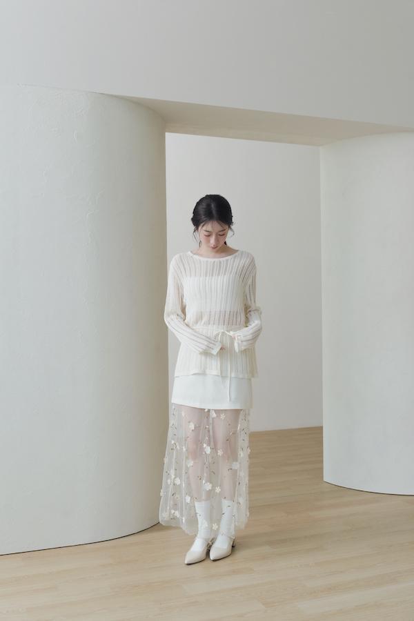 快閃-下襬拼接花朵刺繡紗裙(米白) 