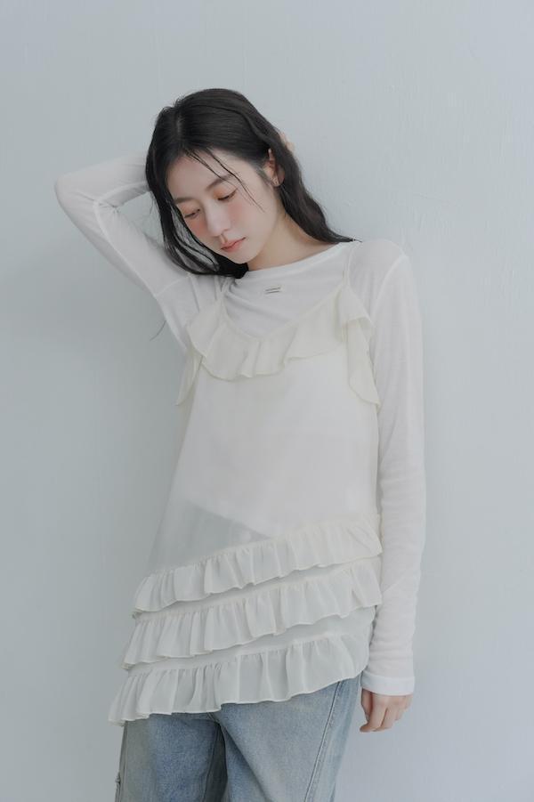 下襬荷葉兩件式上衣(白) 
