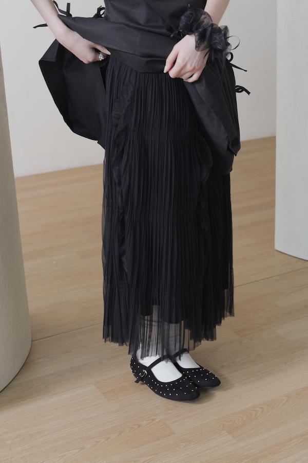 快閃-細百褶紋理蕾絲長裙(黑) 