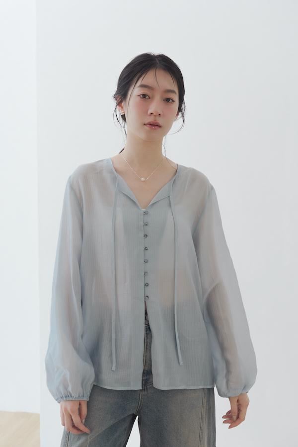 微透肌直紋天絲上衣(淺藍) 