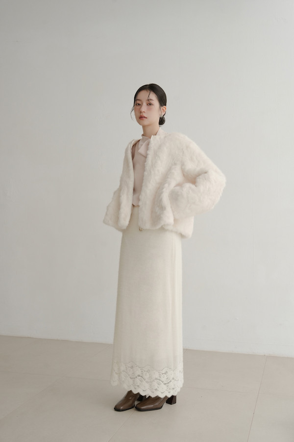 下擺蕾絲彈性長裙(白) 