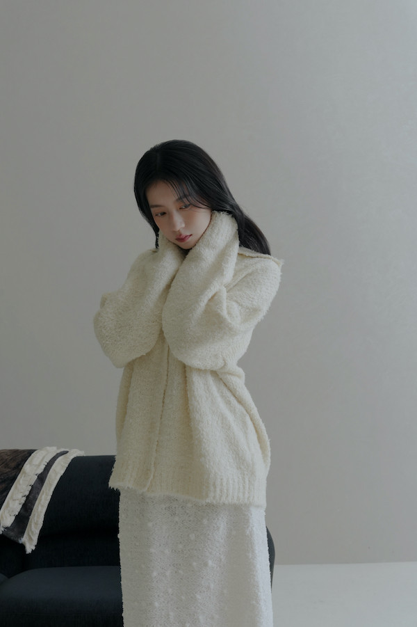 翻領線圈針織上衣(白) 