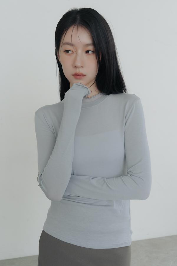 木耳薄紗滾邊天絲上衣(灰藍) 