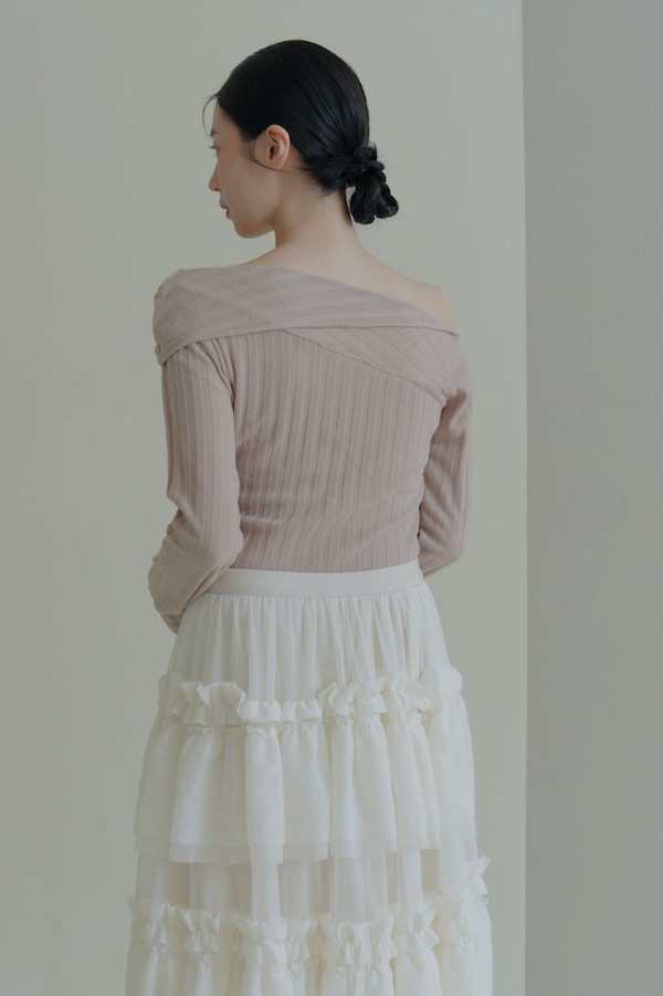 不規則卡肩坑條紋上衣(杏) 