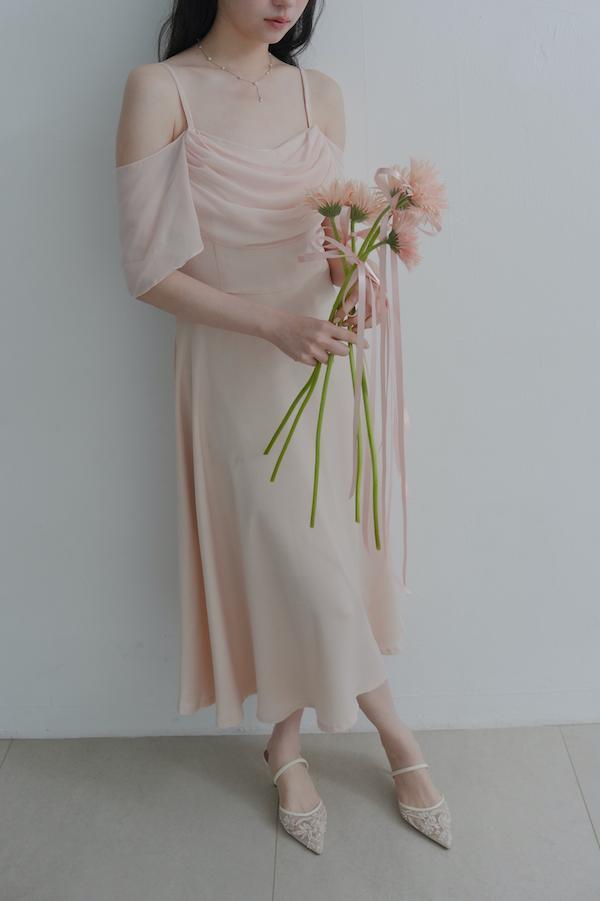 垂領卡肩雪紡洋裝(淺粉) 