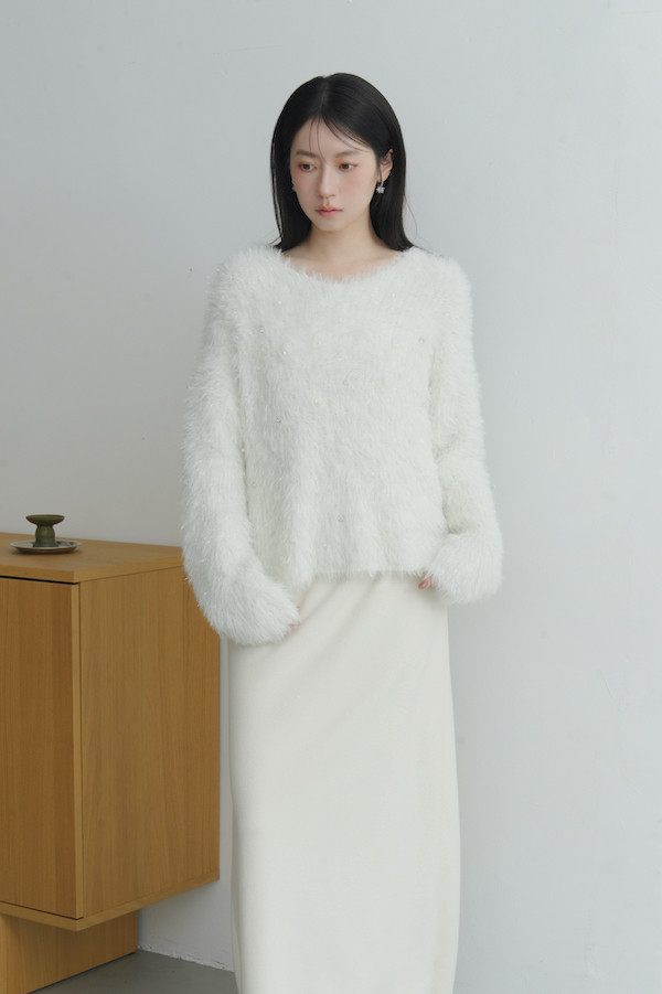 水鑽珍珠閃亮毛毛上衣(白) 
