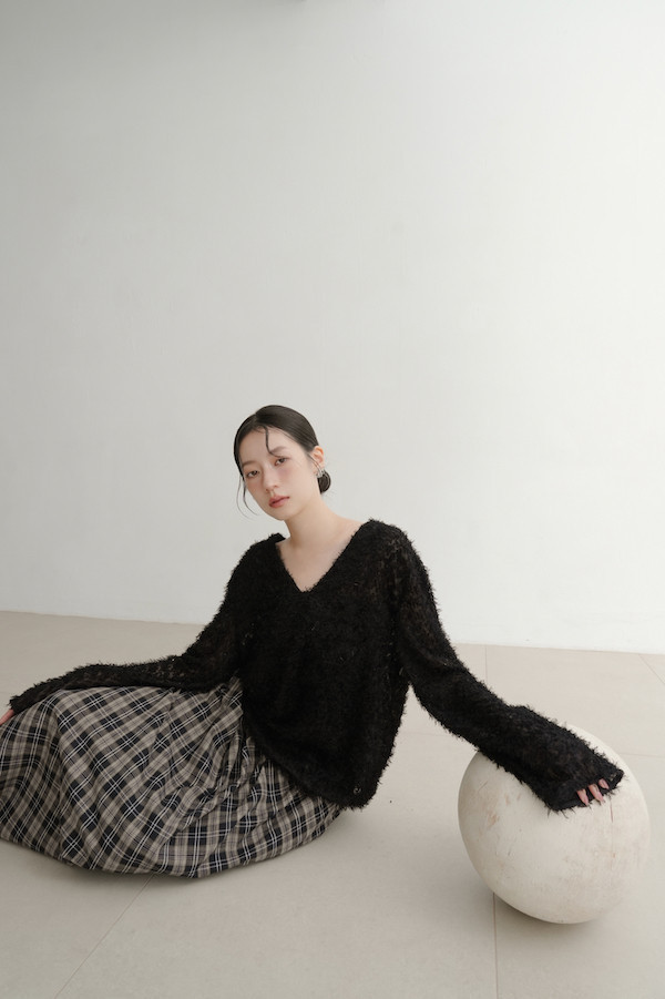 皮革腰封格紋長裙(黑) 