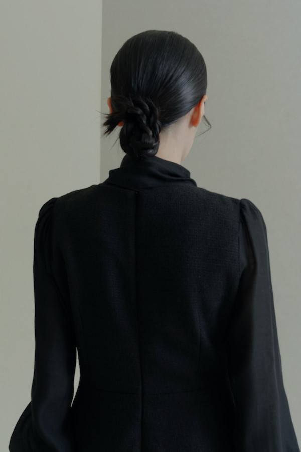 領巾綁帶小香風長洋裝(黑) 