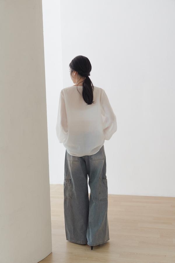 仿舊水洗落地牛仔寬褲(藍) 