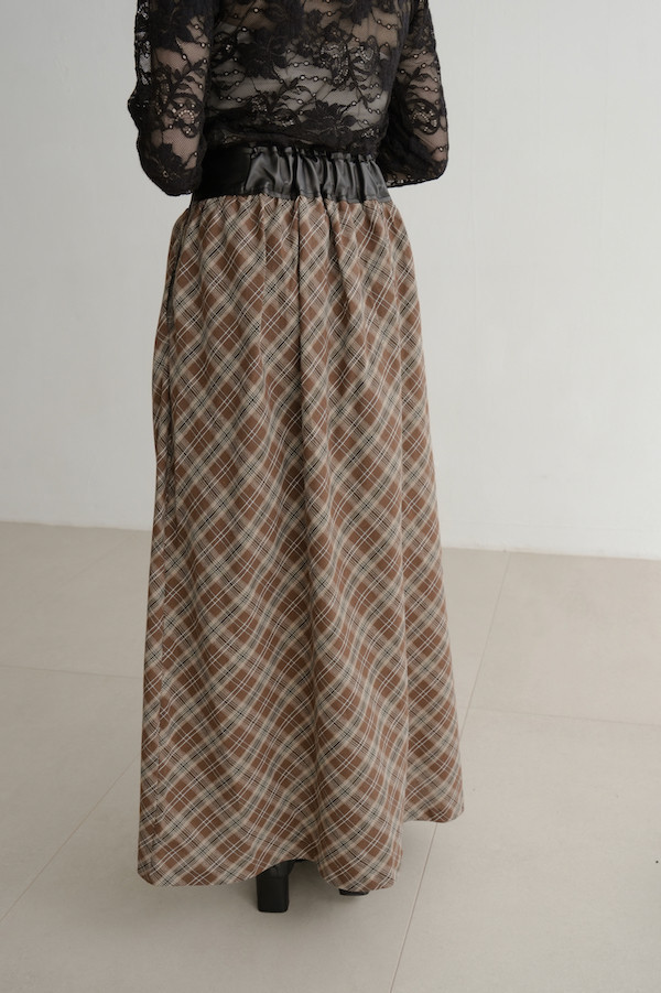 皮革腰封格紋長裙(咖) 