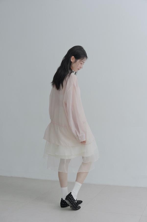 腰部抽繩微透感襯衫(粉) 