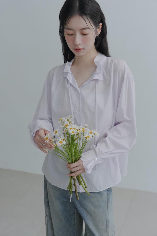 荷葉領口春日感上衣(淺紫) 