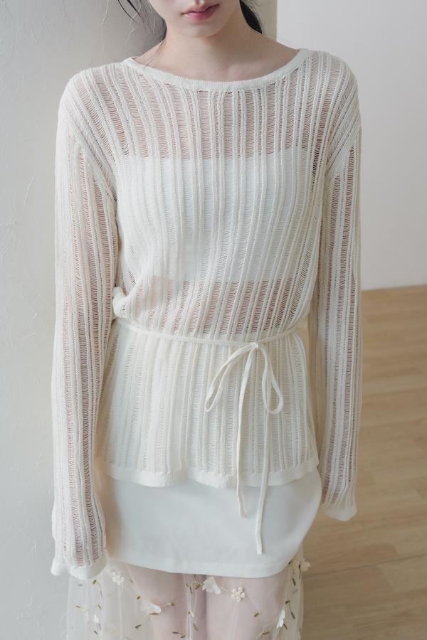 直條紋洞洞針織上衣(白) 