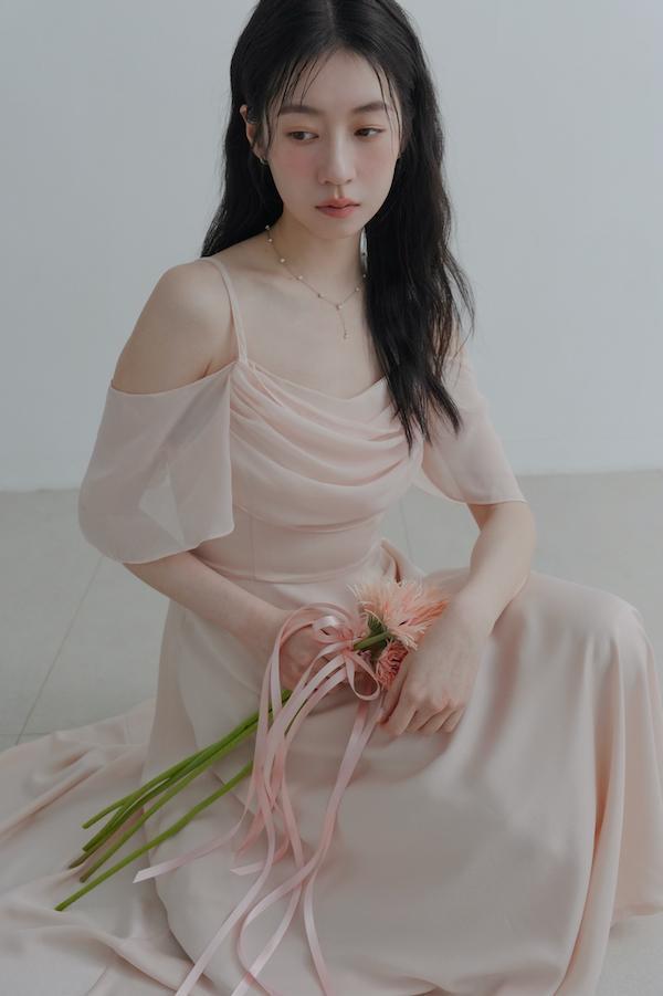 垂領卡肩雪紡洋裝(淺粉) 