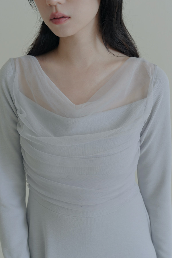 垂領抓褶網紗長洋裝(淺藍) 