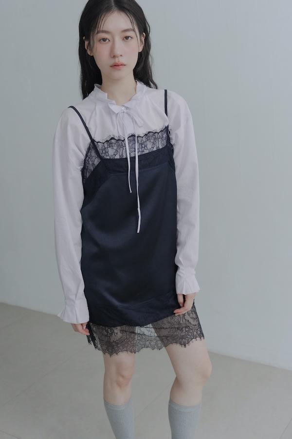 法國蕾絲肩帶緞面裙(黑) 