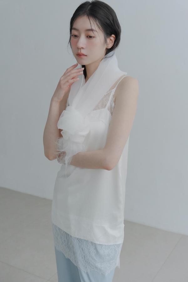 歐根紗毛邊鬚鬚絲巾(白) 